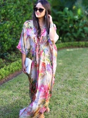 Josie Natori 100% Silk Embellished Floral Designer Caftan NWT XS
